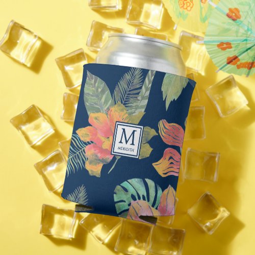 Tropical Hibiscus Floral Monogram Can Cooler