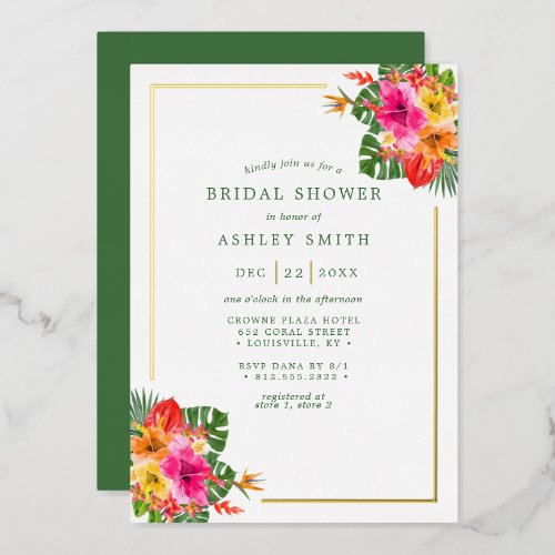 Tropical Hibiscus Floral Palm Leaves Bridal Shower Foil Invitation