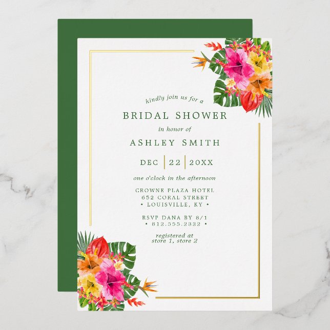 Tropical Hibiscus Floral Palm Leaves Bridal Shower Foil Invitation (Front/Back)