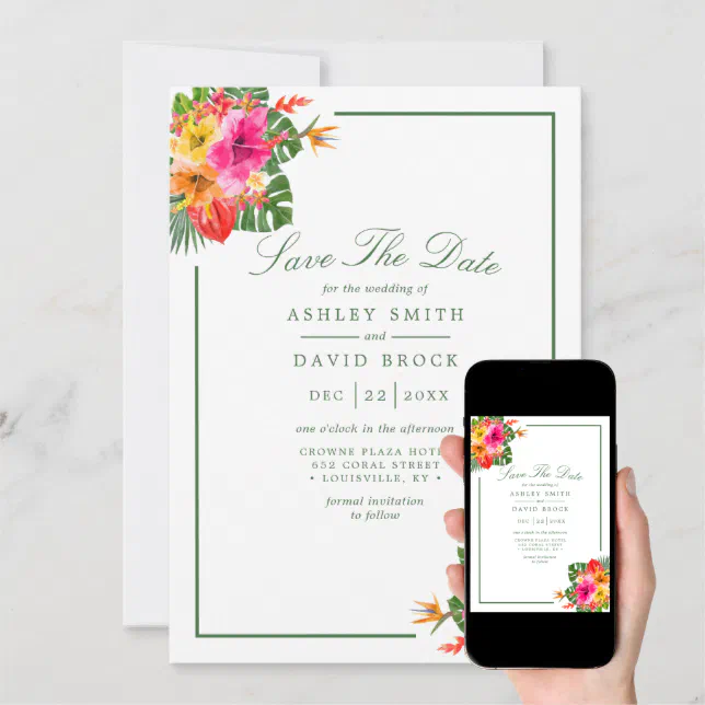 Tropical Hibiscus Floral Palm Leaves Luau Save The Date | Zazzle
