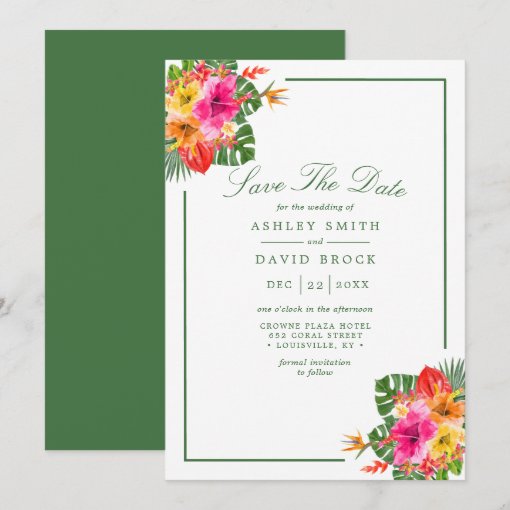 Tropical Hibiscus Floral Palm Leaves Luau Save The Date | Zazzle