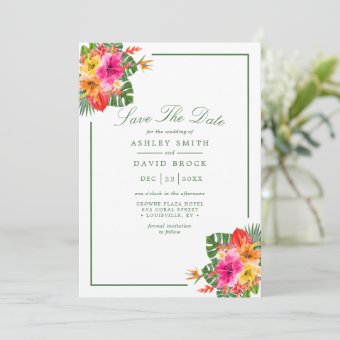 Tropical Hibiscus Floral Palm Leaves Luau Save The Date | Zazzle
