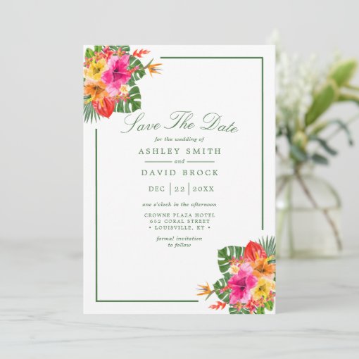 Tropical Hibiscus Floral Palm Leaves Luau Save The Date | Zazzle