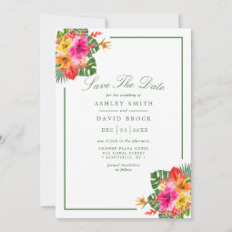 Tropical Hibiscus Floral Palm Leaves Luau Save The Date | Zazzle
