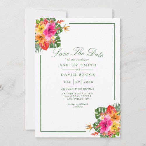 Tropical Hibiscus Floral Palm Leaves Luau Save The Date
