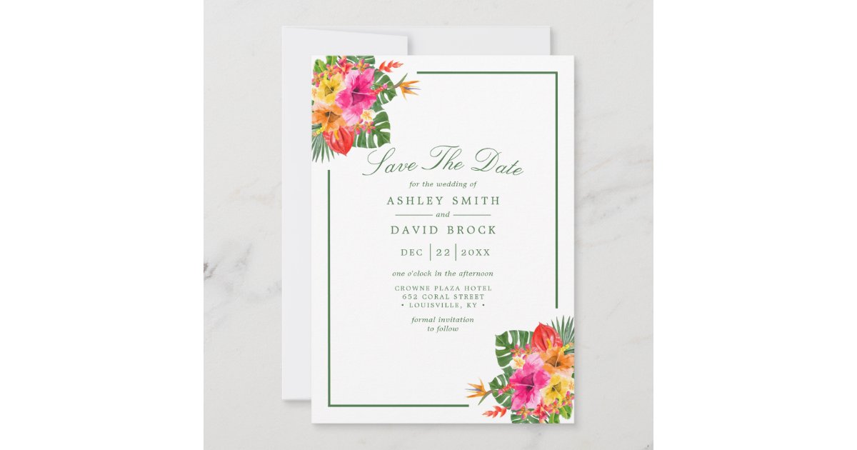 Tropical Hibiscus Floral Palm Leaves Luau Save The Date | Zazzle