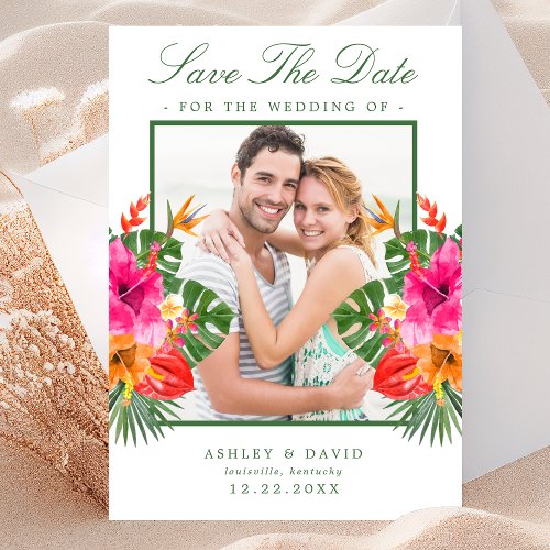 Tropical Hibiscus Floral Palm Leaves Save The Date