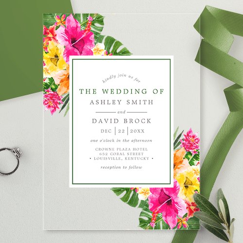 Tropical Hibiscus Floral Palm Leaves Wedding Acrylic Invitations