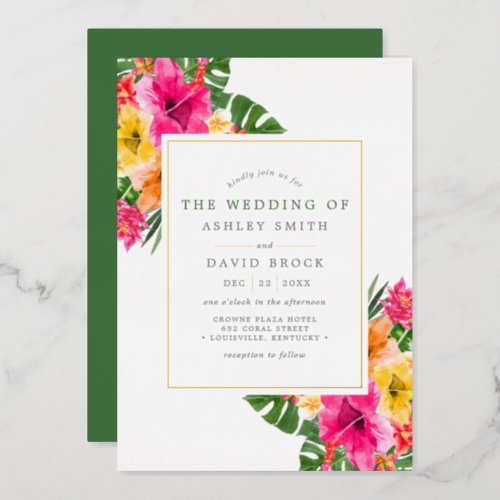 Tropical Hibiscus Floral Palm Leaves Wedding Foil Invitation
