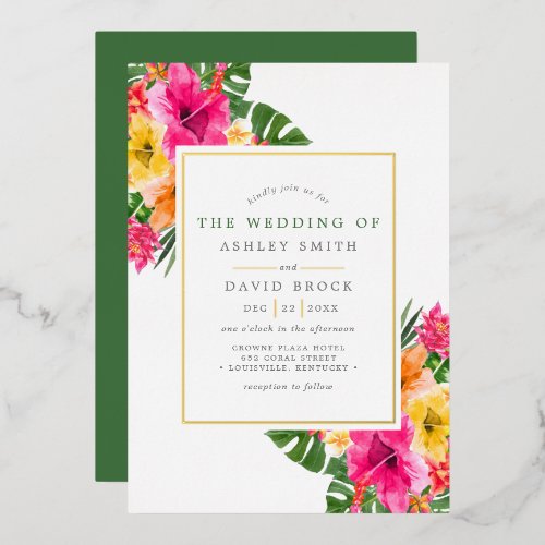 Tropical Hibiscus Floral Palm Leaves Wedding Foil Invitation