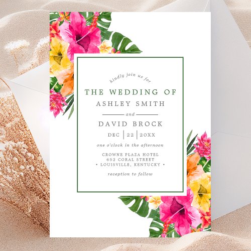 Tropical Hibiscus Floral Palm Leaves Wedding Invitation