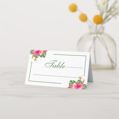 Tropical Hibiscus Floral Palm Leaves Wedding Place Card