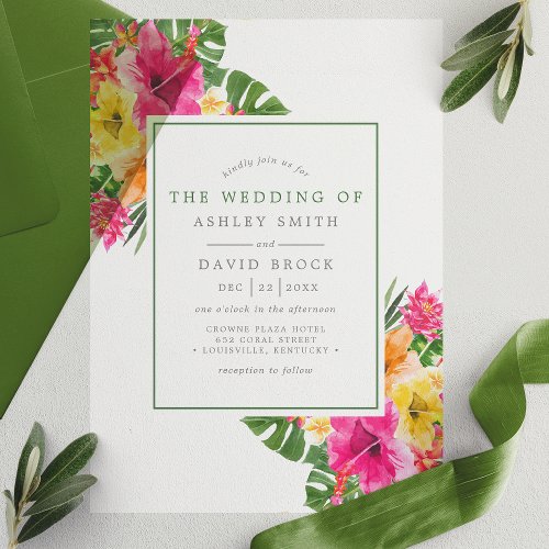 Tropical Hibiscus Floral Palm Leaves Wedding Vellum Invitations