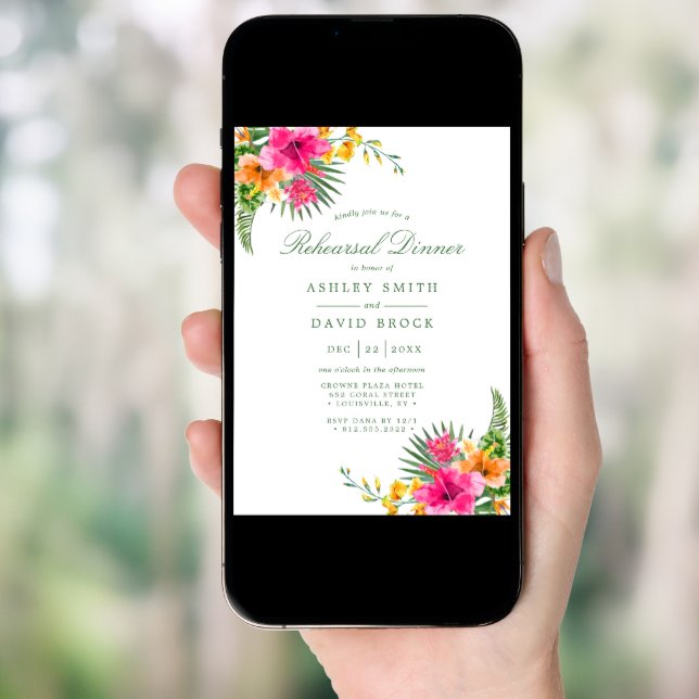 Tropical Hibiscus Floral Palms Rehearsal Dinner Invitation (Front Digital)