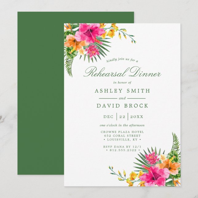 Tropical Hibiscus Floral Palms Rehearsal Dinner Invitation (Front/Back)