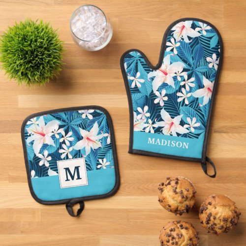 Tropical Hibiscus Floral Pattern 2 Oven Mitt  Pot Holder Set