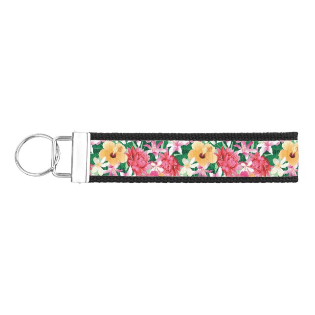 Tropical Hibiscus Floral Pattern 2 Wrist Keychain (Keys on Left)