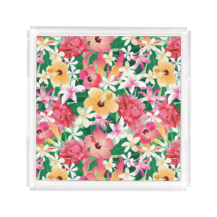 Tropical Hibiscus Floral Pattern Acrylic Tray