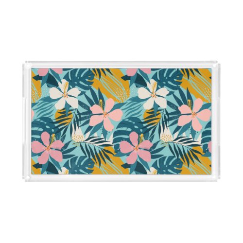 Tropical Hibiscus Floral Pattern Acrylic Tray