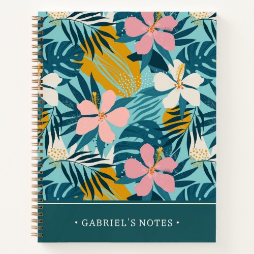 Tropical Hibiscus Floral Pattern  Add Your Name Notebook