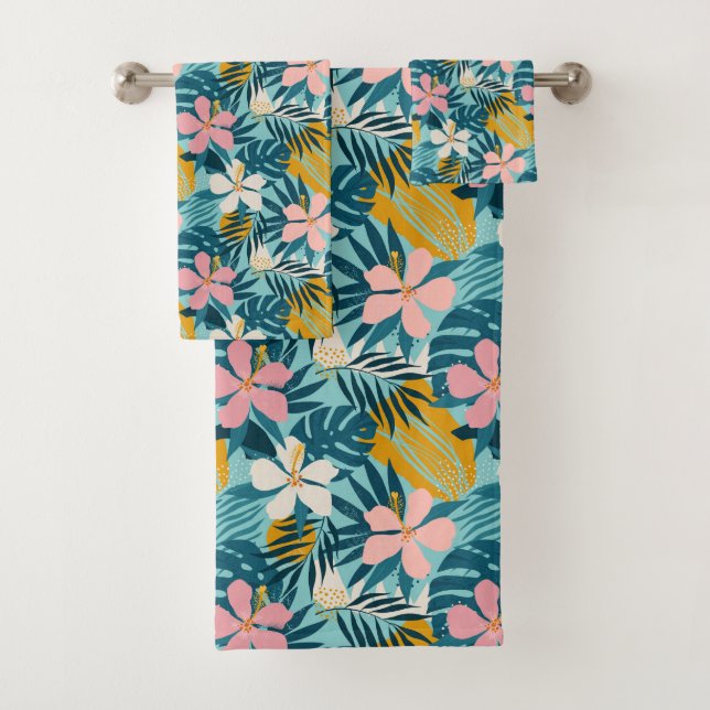 Tropical Hibiscus Floral Pattern Bath Towel Set (Insitu)