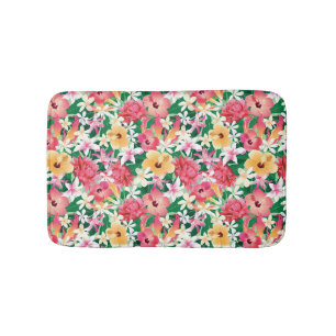 Tropical Hibiscus Floral Pattern Bathroom Mat