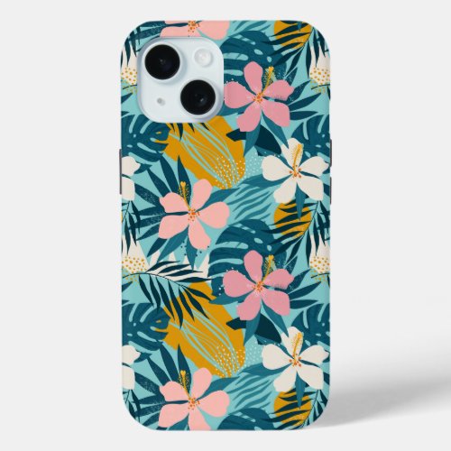 Tropical Hibiscus Floral Pattern iPhone 15 Case