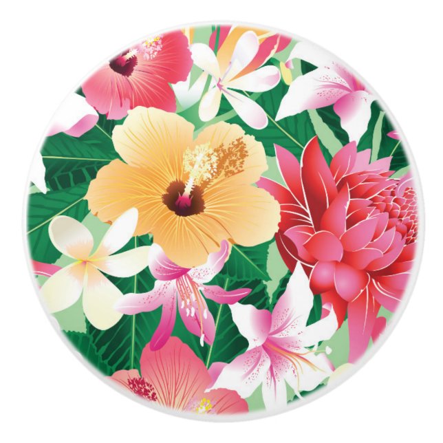 Tropical Hibiscus Floral Pattern Ceramic Knob (Front)