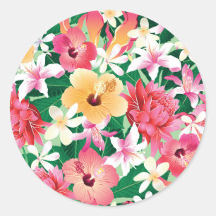 Tropical Hibiscus Floral Pattern Classic Round Sticker