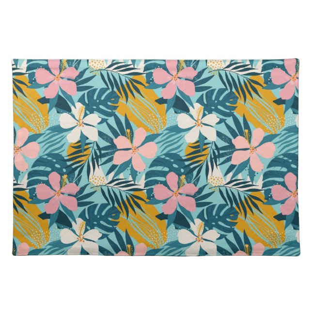 Tropical Hibiscus Floral Pattern Cloth Placemat (Front)