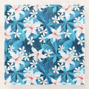 Tropical Hibiscus Floral Pattern Glass Coaster