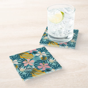 Tropical Hibiscus Floral Pattern Glass Coaster