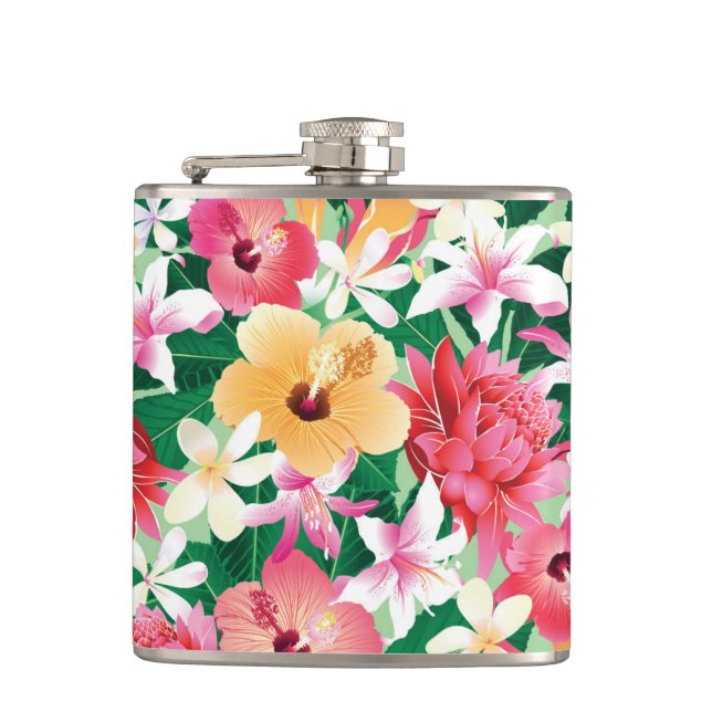 Tropical Hibiscus Floral Pattern Hip Flask (Front)