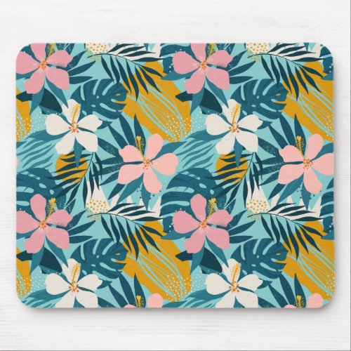 Tropical Hibiscus Floral Pattern Mouse Pad