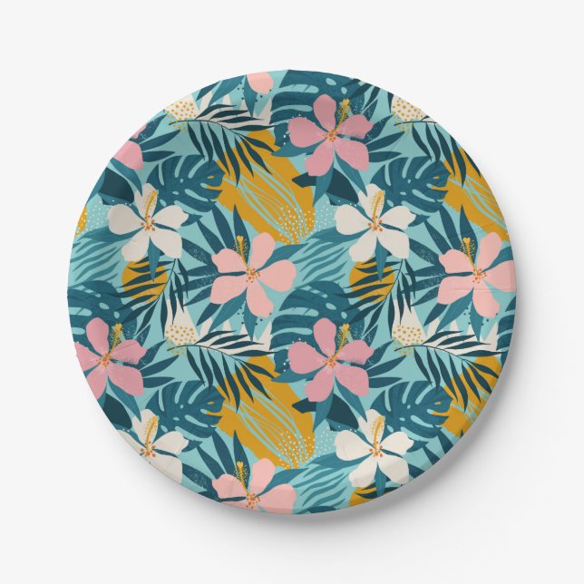 Tropical Hibiscus Floral Pattern Paper Plates (Front)