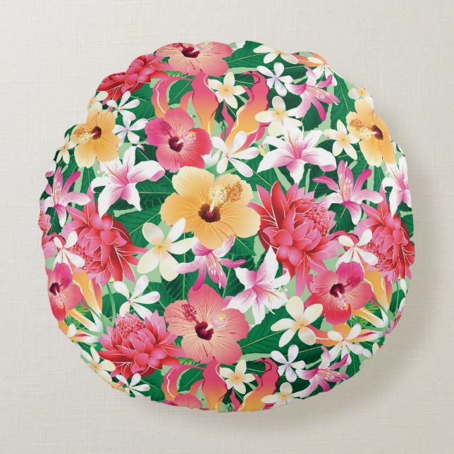 Tropical Hibiscus Floral Pattern Round Pillow (Front)