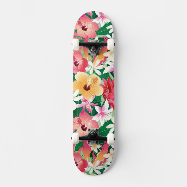 Tropical Hibiscus Floral Pattern Skateboard Deck (Front)