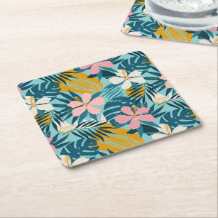 Tropical Hibiscus Floral Pattern Square Paper Coaster
