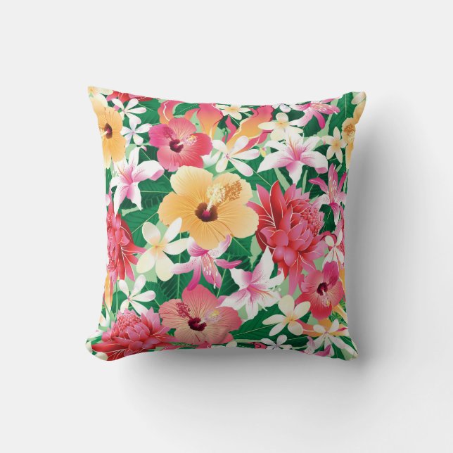 Tropical Hibiscus Floral Pattern Throw Pillow (Front)