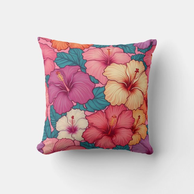 Tropical hibiscus floral pattern throw pillow (Front)
