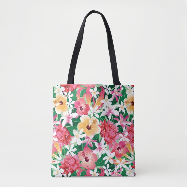 Tropical Hibiscus Floral Pattern Tote Bag (Front)