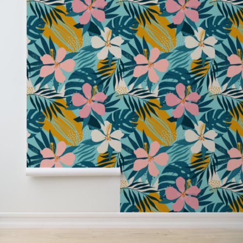 Tropical Hibiscus Floral Pattern Wallpaper