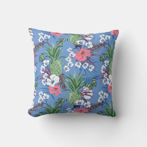 Tropical Hibiscus Floral Pineapple Butterfly Throw Pillow