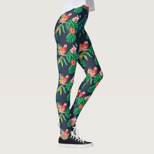 Tropical Hibiscus Floral Print with Jungle Parrot  Leggings