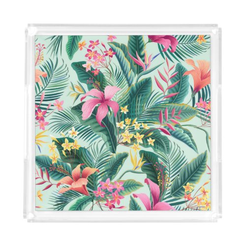 Tropical Hibiscus Floral Seamless Pattern Acrylic Tray