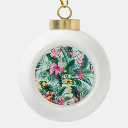 Tropical Hibiscus Floral Seamless Pattern Ceramic Ball Christmas Ornament