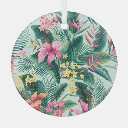 Tropical Hibiscus Floral Seamless Pattern Glass Ornament