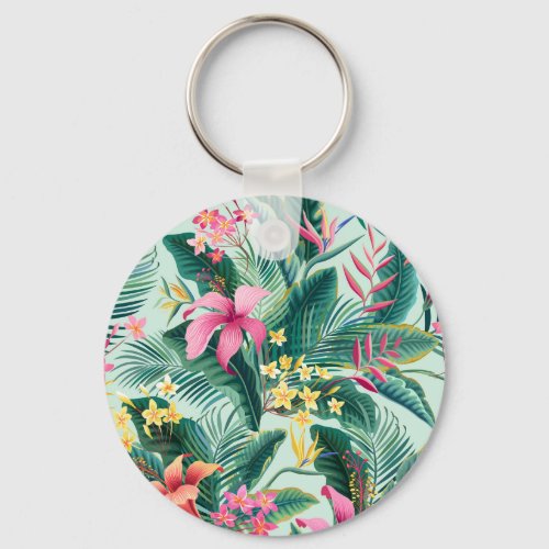 Tropical Hibiscus Floral Seamless Pattern Keychain