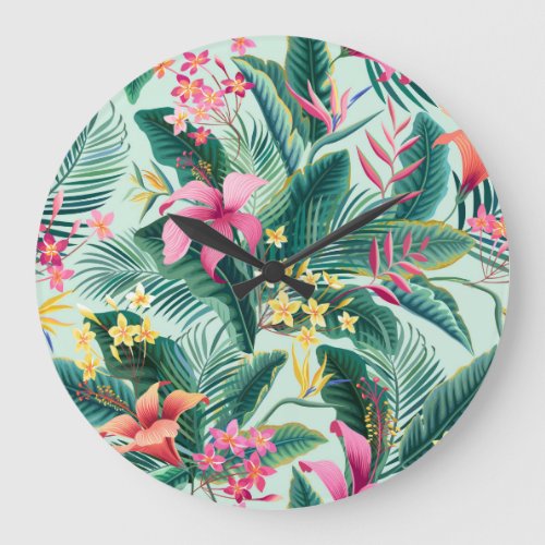 Tropical Hibiscus Floral Seamless Pattern Large Clock