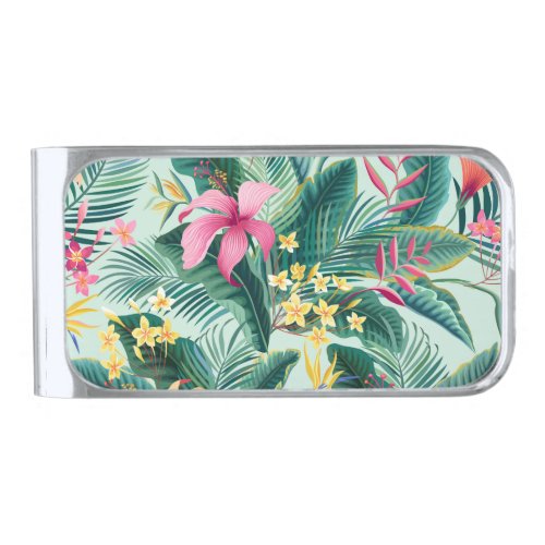 Tropical Hibiscus Floral Seamless Pattern Silver Finish Money Clip